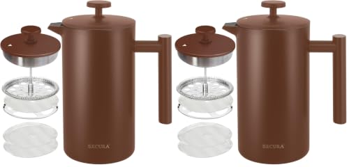 Image of Secura French Press Coffee Maker, 304 Grade Stainless Steel Insulated Coffee Press with 2 Extra Screens, 34oz (1 Litre), Coffee (Pack of 2)