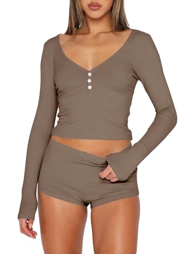 Image of REVETRO Fall Womens 2 Piece Pajama Sets Sexy PJ Shorts Y2k V Neck Long Sleeve Lounge Set Sleepwear with Button Down