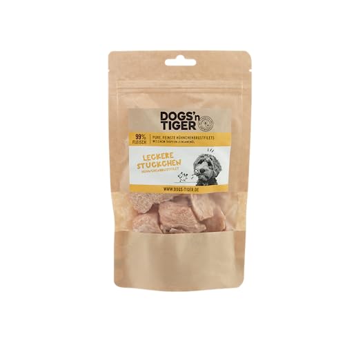 Dogs'n Tiger – Leckere Stückchen Hundeleckerlis aus 99% Fleisch + 1% Leinsamenöl – Hundesnack ohne Zucker, Getreide & künstliche Aromen (gefriergetrocknete Hähnchenbrustfilet | 4 x 80 g)
