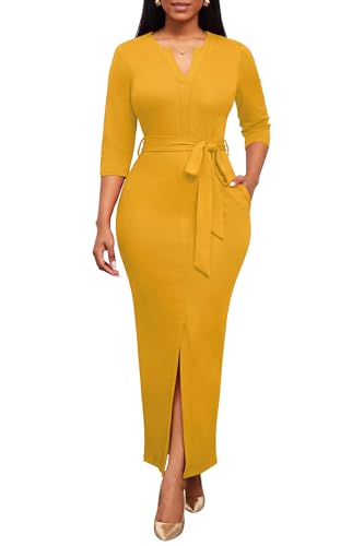 Image of Nmoder Maxi Dress for Women Long Church Cocktail Casual Dresses Colorblock Front Split 3 /4 Sleeve V Neck Pencil Dress
