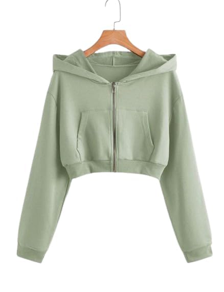 Image of Solid Long Hooded Neck Hoodie Zipper Crop Jacket for Women's