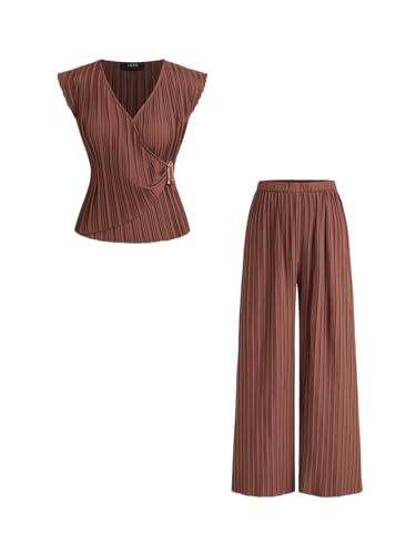 CIDER Womens Two Piece Outfits Pleated V Neck Tops with Metal Decor Wide Leg Pants Casual Elegant Outfits