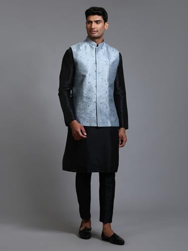 Image of VM Men's Grey-HG and Black Silk Blend Jacket, Kurta and Pyjama Set VMMJ217GYnKBL001nPANT005BL 42