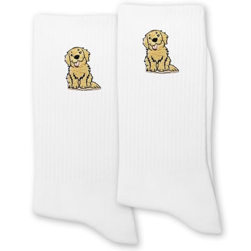 ERMCDFHC Golden Retriever Socks for Women or Men - Cute Cartoon Golden Design Retriever Dog Embroidery White Crew Socks.(002)