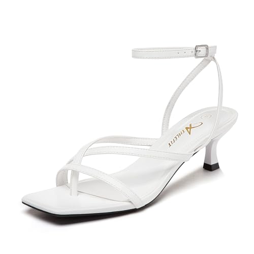 Athlefit Kitten Strappy Heels for Women Square Open Toe Low Heel Sandals Ankle Strap White Sexy Party Wedding Dress Shoes Size 8.5
