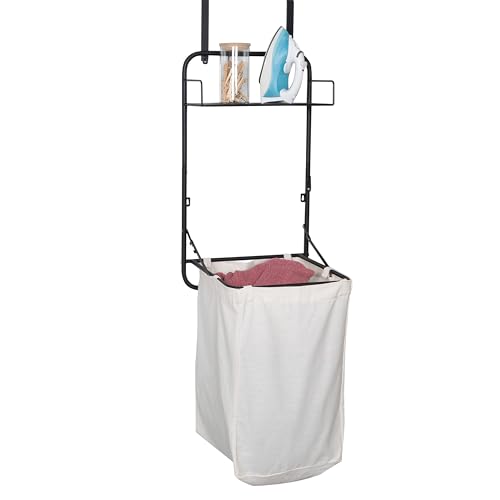 Collapsible Wall-Mounted Clothes Hamper with Canvas Bag and Metal Shelf, Black