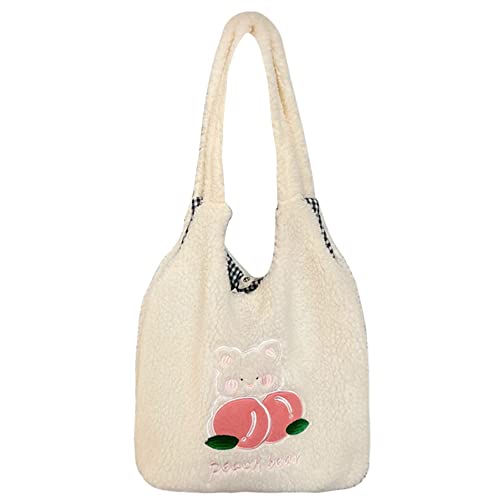 MEGAUK Women Faux Fur Tote Bag Girls Cute Bear Fluffy Shoulder Bag Plush Bag For Shopping Dating, White Lamb Velvet Peach Bear