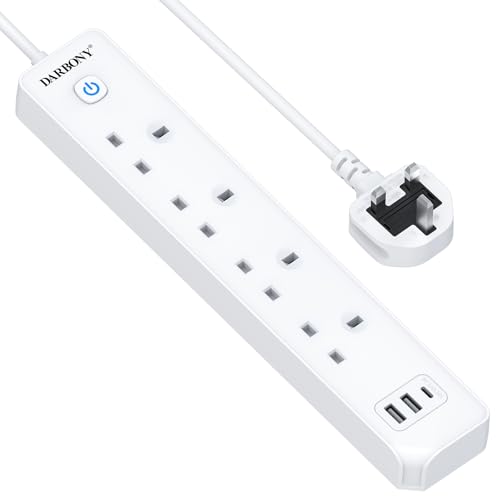Extension Lead with 3 USB Slots 4 Way Multi Plug Extension Socket with USB C, 1.8M Extension Cable Cord Wall Mountable Overload Protection Power Strip with Switch, White, 3250W 13A