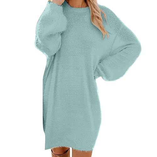 Womens Fuzzy Sweater Dress Casual Crewneck Long Sleeve Y2k Mini Dresses Oversized Soft Comfy Fall Winter Lounge Dress at Amazon Women's Clothing store