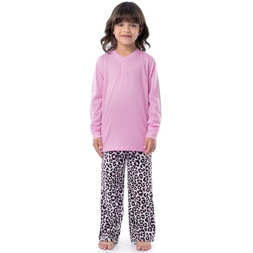 Fruit of the Loom Girls' Long Sleeve Jersey Henley Top and Fleece Pant Sleep Pajama Set