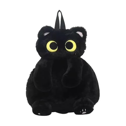 Mochila Com Formato De Gatinho De Pelúcia Fofa Felpuda Alças Kawaii | Mochila de Pelúcia Fofa de Desenho Animado Gato (Preto - 35cm)
