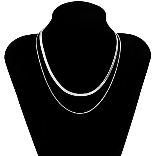 Nuzon 2Pcs Layered Sterling Silver Herringbone Choker Necklaces For Women Dainty Silver Plated Thin Double Flat Snake Chain Necklace Gifts Jewelry 1.5/3Mm(W) 16"/18"(L) #TOP5