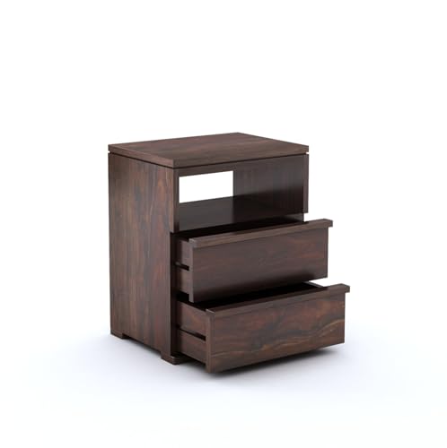 Image of Premium Solid Wood Bedside Table with 2 Drawer & 1 Open Shelf | Modern Wooden Nightstand for Bedroom | Bedside Storage Table for Home & Hotel (Walnut Finish)