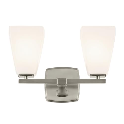 Image of Kichler Marant 2-Light Bathroom Vanity Light Fixture with Opal Glass, 14.25 inch Modern Wall Mount Light in Brushed Nickel for Bathroom, Powder Room, Over Mirror (14.25 inch W x 9.5 inch H), 55215NI