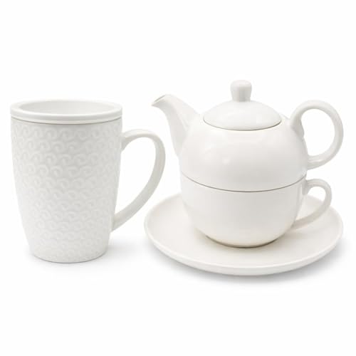 LEONARDO LUXURY HOME DESIGN Kit 2 Pezzi Porcellana Bianca Tazza Teiera Egoist 400 ml Tisaniera Filtro Coperchio The Infuso Servizio Elegante Idea Regalo Lavastoviglie Forno Microonde (Tazza+Tisaniera)