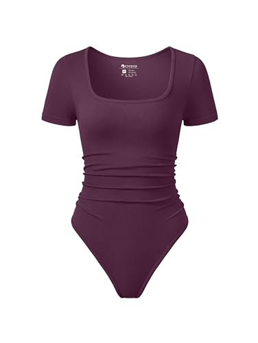 Image of OQQ Women Bodysuits Ruched Short Sleeve Square Neck Stretch Lounge Travel Bodysuits