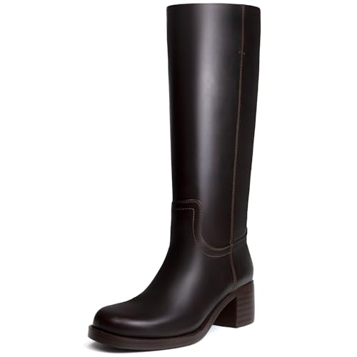 Brown Platform Knee High Boots for Women Square Toe Chunky Block Heel Long Boots Wide Calf Riding Boots Pull on Campus Boots for Women