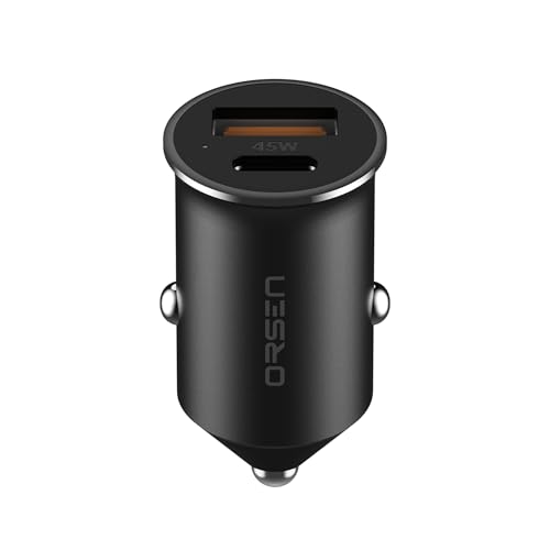 ORSEN C8 45W Mini chargeur allume-cigare de voiture, double sortie USB-A et Type-C, charge rapide pour iPhone, Android, et plus, entrée 12V-24V, design compact, noir