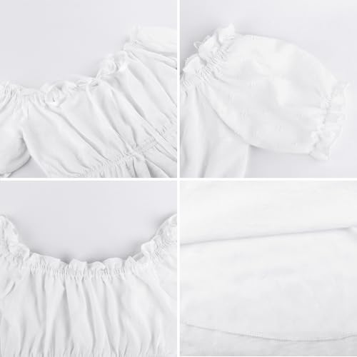 Image of Womens Off Shoulder Ruffle Puff Sleeve Tie Up Irregular Swiss Dot Mini Cottagecore Dress