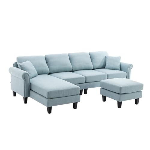 Image of Nathan 6 Seater L Shape Sofa with Centre Table | 6 Seater Sofa Set for Living Room (Nathan LightBlue, LHS)