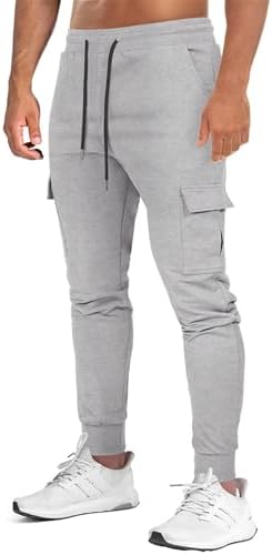 Suwangi Joggingbroek voor heren, trainingsbroek, sportbroek, atletisch, slim fit, katoen, casual, elastische tailleband, broek met meerdere zakken, Lichtgrijs, S