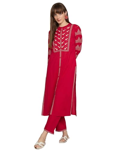 Image of INDO ERA Women's Pure Cotton Floral Printed Calf Length A-Line Kurta & Pant Set (IESTR10990)