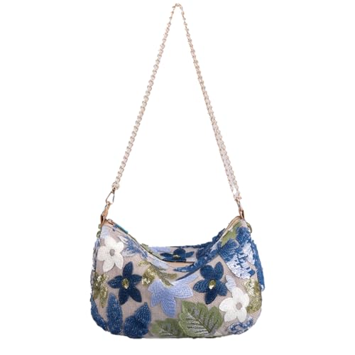 Y2K Floral Embroidery Mini Shoulder Bags For Women Sequin Beaded Knit Summer Evening Bag Trendy Party Purses