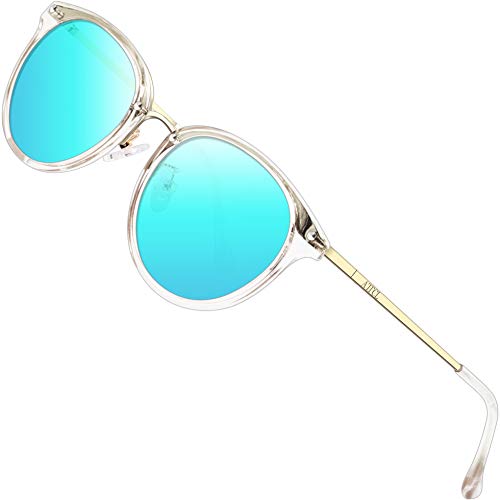 ATTCL Fashion Round Sunglasses for Women Polarized UV Protection Metal frame 1144 Clear+Blue
