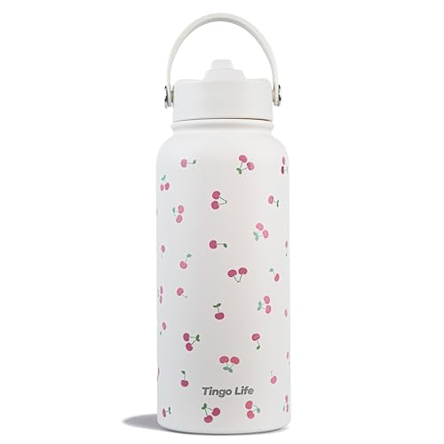 32oz Stainless Steel Insulated Water Bottle with Handle and Straw Lid - Cute Cherry Pattern Cream White Vacuum Water Bottle, Leakproof, Gifts for Women Girls, for Gym, Sports, Travel