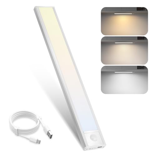 Homefire Luz Bajo Armario Cocina Led con Detector de Movimiento - 20CM Iluminación de Armario Regulable 3 Colores Temperatura Plata USB 1000mAh Recargable Lámpara de Cocina para Armario Bajo