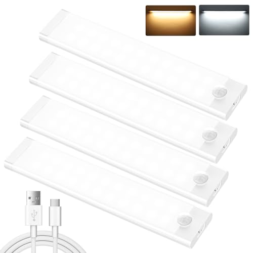Under Cupboard Kitchen Lights,4 Pack 44 LEDs 3 Modes Motion Sensor Under Cabinet Lights,2000mAh USB Type-C Rechargeable Dimming Wardrobe Light,2 Color Temps Closet Light for Stairs