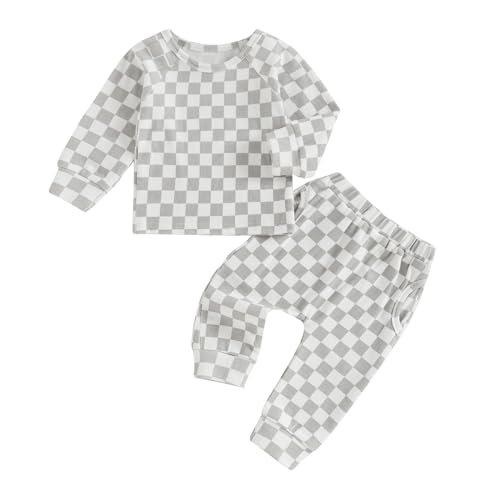 Image of Karesoull Toddler Baby Infant Boy Checkered Clothes Set Long Sleeve Tops with Casual Pants 2Pcs Fall Outfit