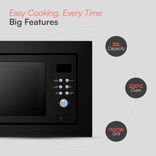 Cookology IMOG25LBK Integrated Built In Microwave Oven And Grill In Black - 25 Litre Capacity - 900W - Auto Defrost - 8 Auto Cooking Programs - Child Lock - 3