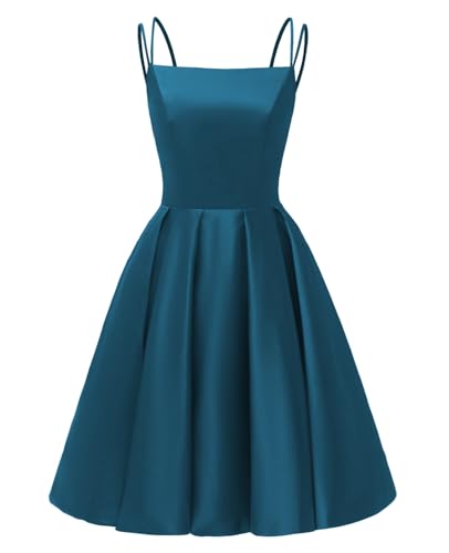 Image of Tianzhihe Satin Homecoming Dresses for Teens 2026 Spaghetti Straps A-line Square Neck Short Cocktail Party Dress with Pockets