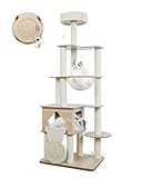 キャットタワー 多頭飼い 木製 猫タワー スリム 大型猫用 据え置き型 高さ155cm見晴台 透明ボウル 宇宙船付き天然サイザル麻 爪とぎポール 猫の家 人気 おしゃれ 春夏秋冬 掃除簡単 安定性 省スペース 運動不足解消