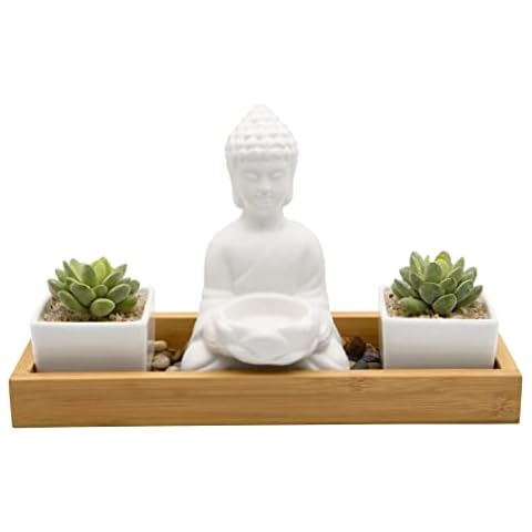 OwlGift Buddha Statue & Succulent Zen Garden & Tea Light Candle Holder Set w/ Bamboo Display Tray & Stones, Buddha Décor for Home Décor, Beautiful & Peaceful, Great Meditation Gifts - White Cover