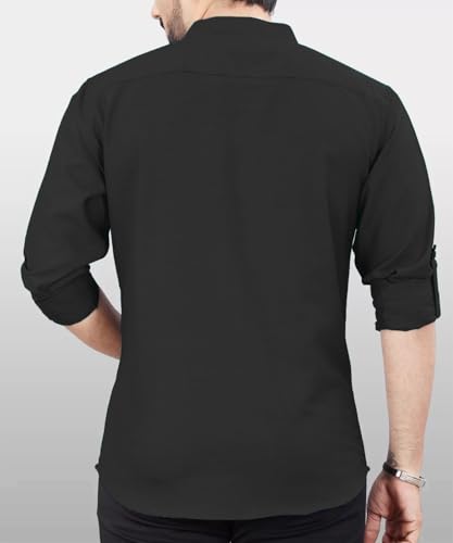 Image of DEEMOON Men's Regular Fit Solid Sprad Collar Casual Shirt with a Trendy Mandarin Collar Crafted from a Premium Cotton Blend