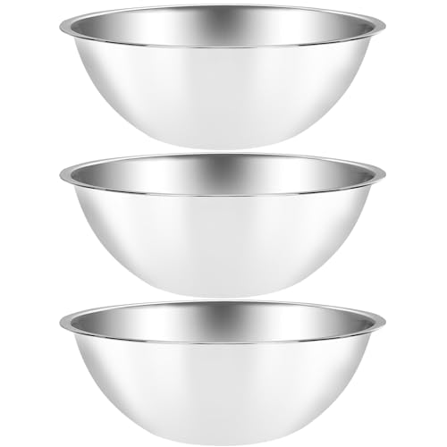 Suwimut 3 Pack Stainless Steel Mixing Bowls, 5 Quart Flat Base Stainless Steel Serving Bowls, 13 Inch Mirror Polish Large Metal Bowl Set for Kitchen Cooking, Baking, Prepping