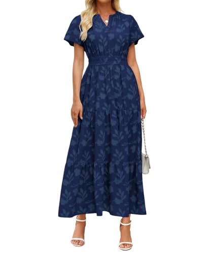 Image of Women's Maxi Dresses Boho Burnout V Neck Short Puff Sleeve Smocked Empire Waist Long Wedding Guest Semi Formal Dress Pockets