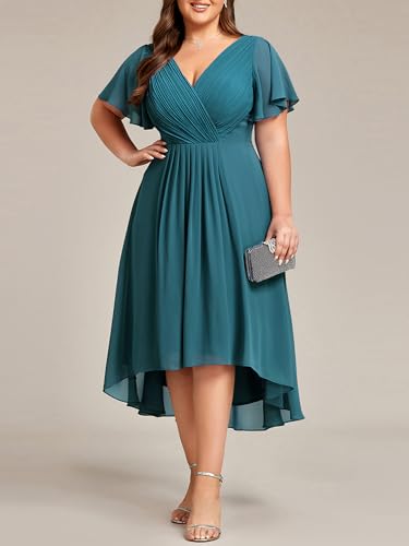 Image of Ever-Pretty Plus Summer Short Sleeves V-Neck Formal Wedding Guest Dresses for Curvy Women Chiffon Midi Cocktail Party Dress