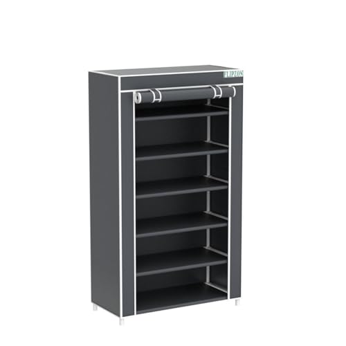 Image of FLIPZON Premium 6-Tiers Shoe Rack /Multipurpose Storage Rack with Dustproof Cover (Iron Pipes, Non Woven Fabric, Plastic Connector) (Black)