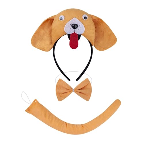 Animal Headband Tail Bowtie Set Hair Hoop Costume Accessory Kit for Fancy Dress, Dark Yellow
