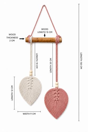 Image of AdFashionble Boho Macrame Wall Hanging Leaf Decor for Home, Living Room & Bedroom | Cotton Thread Art with Wooden Rod | Minimalist Handmade Wall Decoration | Aesthetic Nordic Wall Art for Home, Office & Gift Purpose Lenght- 58 cm Width- 15 cm (DUSTYPINK & OFFWHITE)