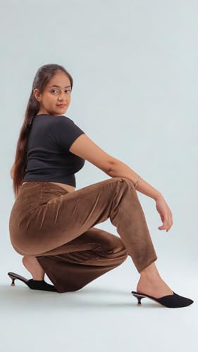 Image of Pink Shell Women's High Waist Bell Bottom Pants in Velvet