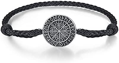Viking Bracelet 925 Sterling Sliver Vegvisir Campass Odin Norse Vikings Runes Amulet Vintage With Black Bracelet unisex for Men Women Boys