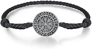Viking Bracelet 925 Sterling Sliver Vegvisir Campass Odin Norse Vikings Runes Amulet Vintage With Black Bracelet unisex for Men Women Boys