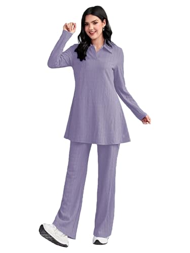 TADKEE Women's Solid Color Two-Piece Set | Long Sleeve Top & Wide...