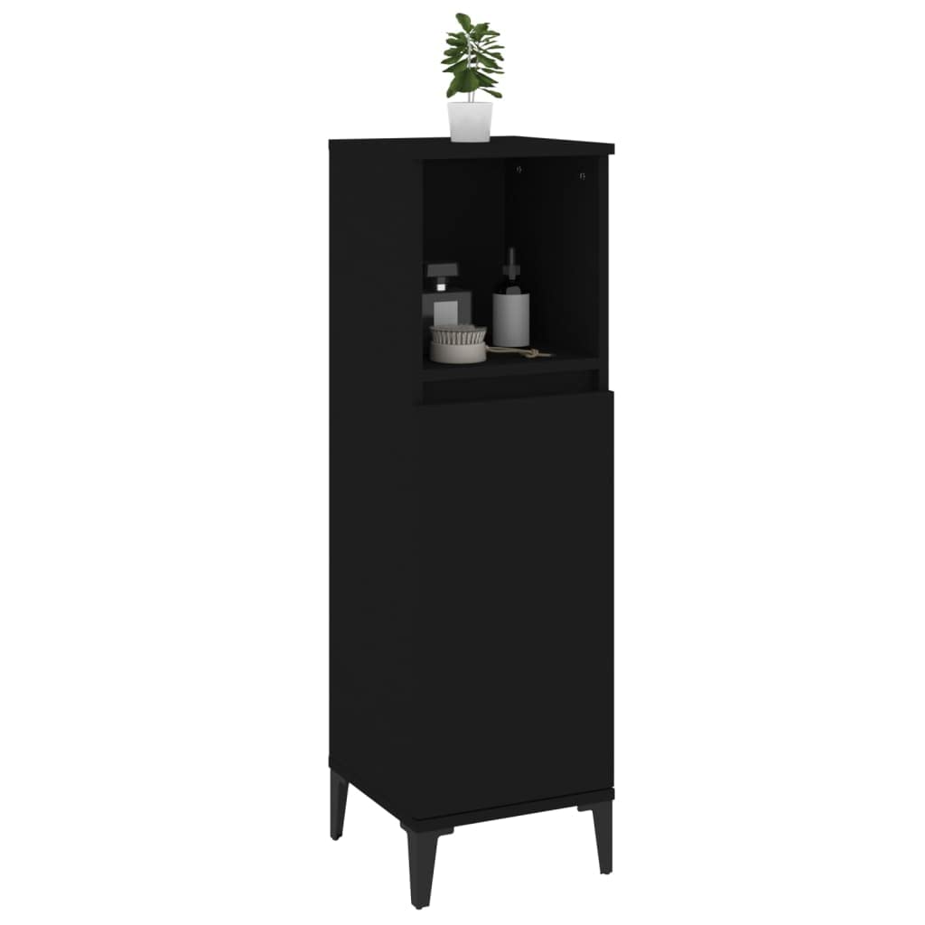 Armario de baño negro de madera 30 x 30 x 100 cm con patas de metal, puerta flexible montable, armario de baño con estante y espacio para muebles de baño, armario bajo lavabo