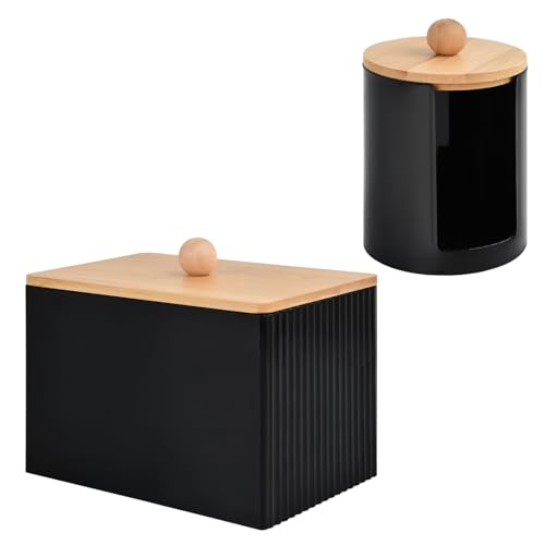 Ziyonix 3 Pièces Boite Coton Tige, Boite à Coton avec Couvercles en Bambou, Distributeur Rangement Noir Tige Bois pour Salle Bain Coiffeuse Salon (Noir)