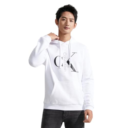 Calvin Klein Men's Mixed logo Monogram Pullover Hoodie - 40QC403 (Brilliant White, Medium)